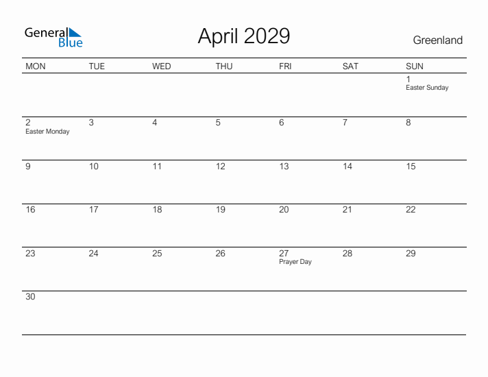 Printable April 2029 Calendar for Greenland