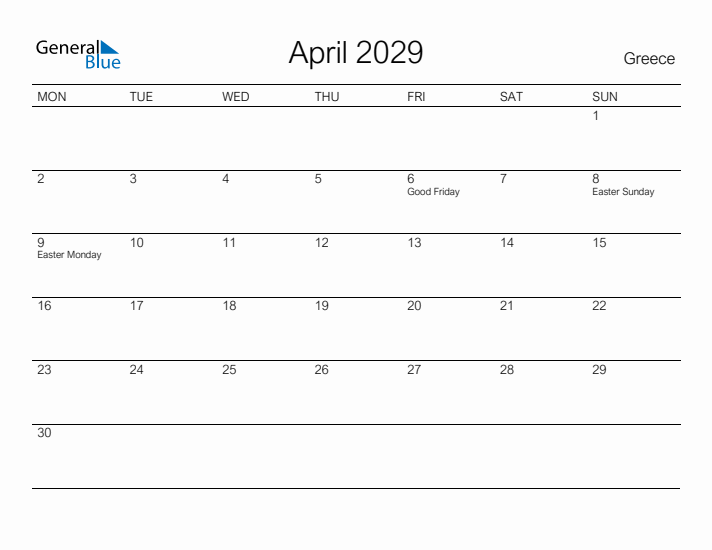 Printable April 2029 Calendar for Greece