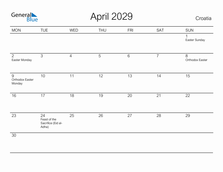 Printable April 2029 Calendar for Croatia