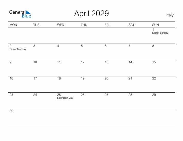 Printable April 2029 Calendar for Italy