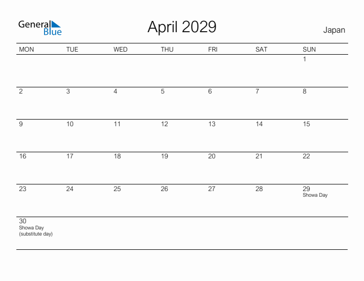 Printable April 2029 Calendar for Japan