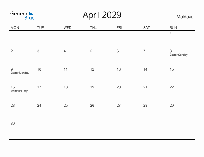 Printable April 2029 Calendar for Moldova