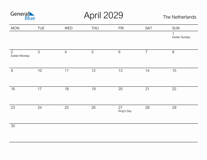 Printable April 2029 Calendar for The Netherlands