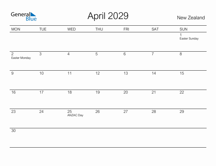 Printable April 2029 Calendar for New Zealand