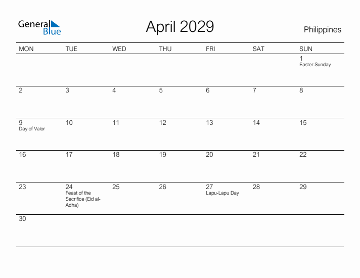 Printable April 2029 Calendar for Philippines