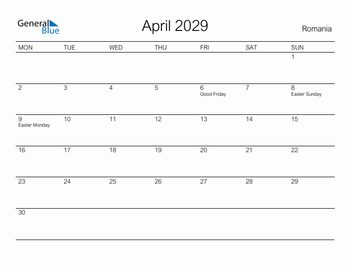 Printable April 2029 Calendar for Romania