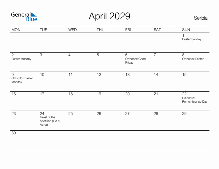 Printable April 2029 Calendar for Serbia