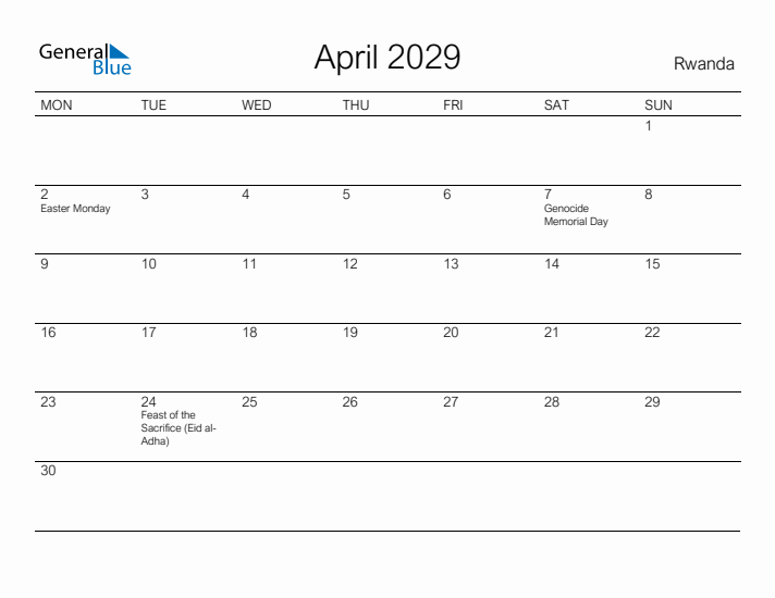 Printable April 2029 Calendar for Rwanda