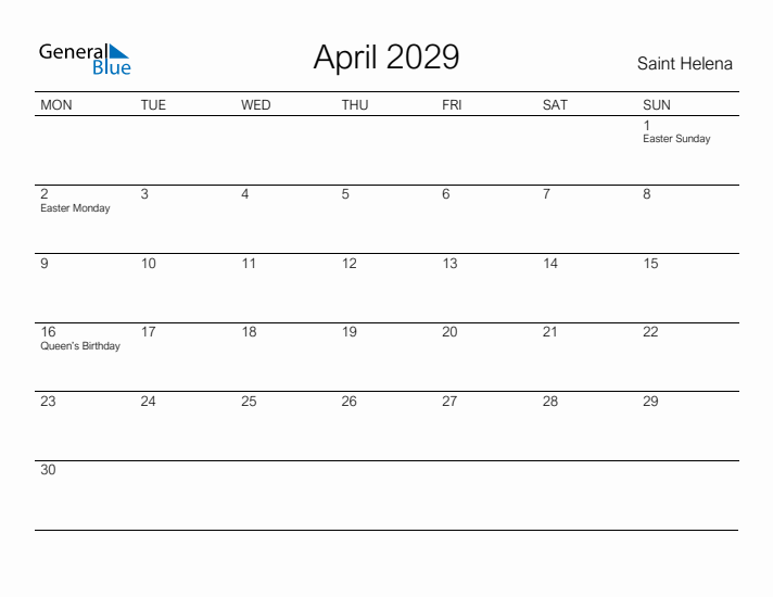 Printable April 2029 Calendar for Saint Helena