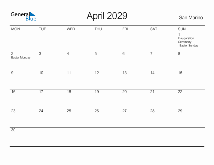 Printable April 2029 Calendar for San Marino