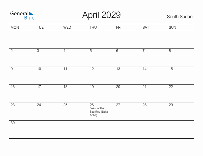 Printable April 2029 Calendar for South Sudan