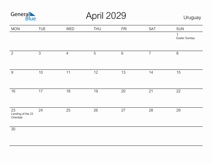 Printable April 2029 Calendar for Uruguay