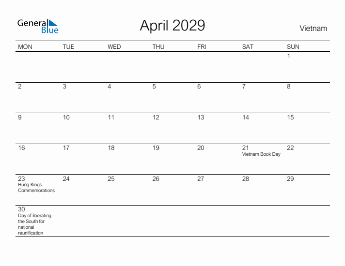 Printable April 2029 Calendar for Vietnam