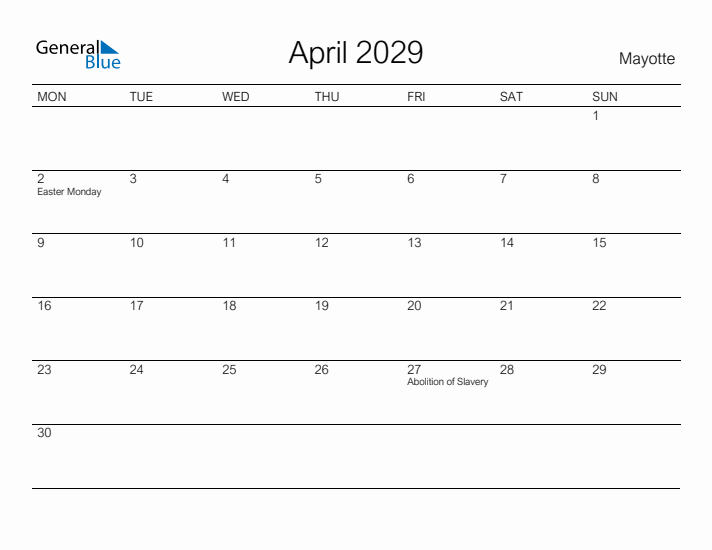 Printable April 2029 Calendar for Mayotte