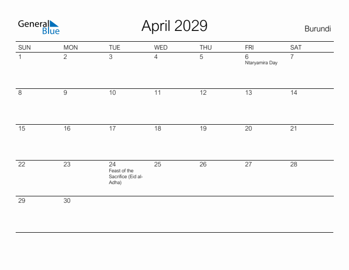 Printable April 2029 Calendar for Burundi