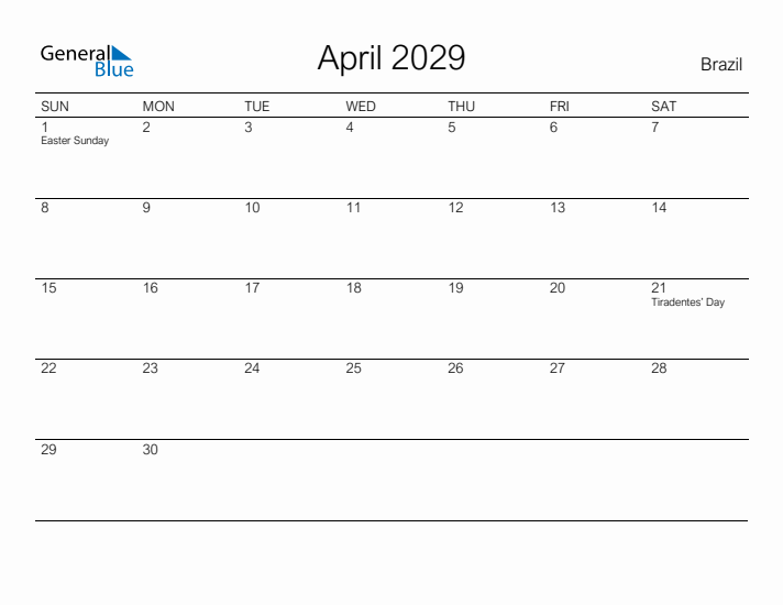 Printable April 2029 Calendar for Brazil