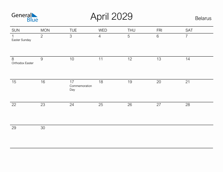 Printable April 2029 Calendar for Belarus