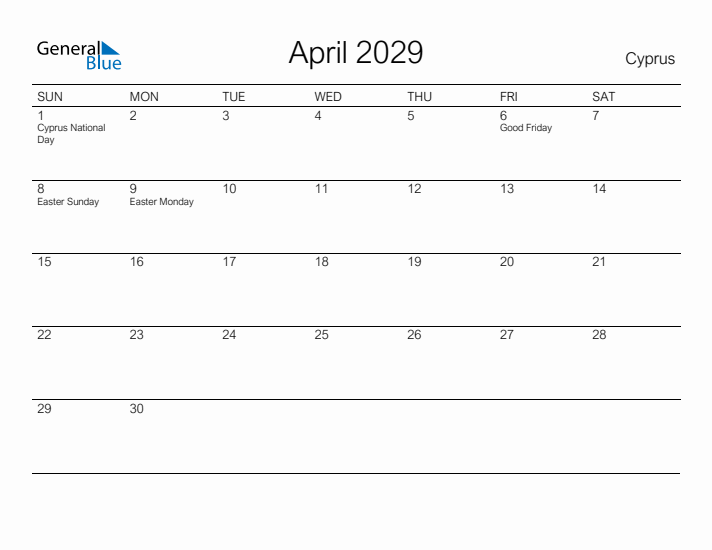 Printable April 2029 Calendar for Cyprus