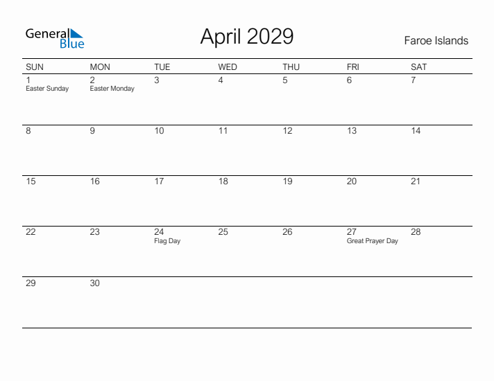 Printable April 2029 Calendar for Faroe Islands