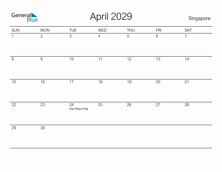 Printable April 2029 Calendar for Singapore