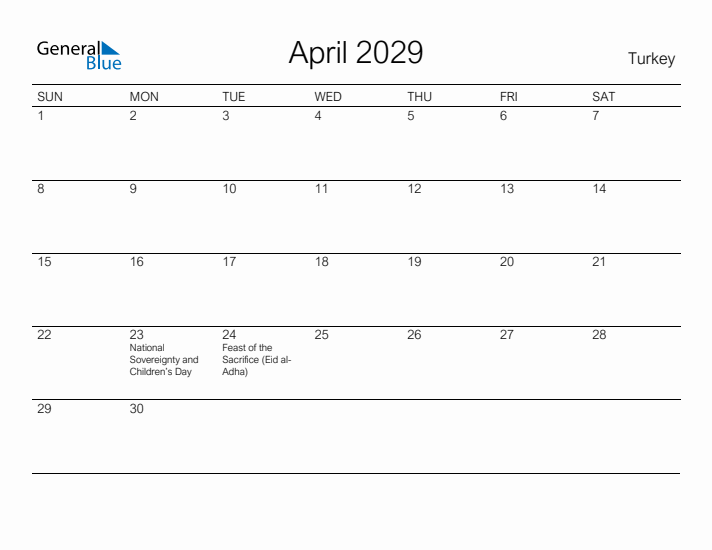 Printable April 2029 Calendar for Turkey