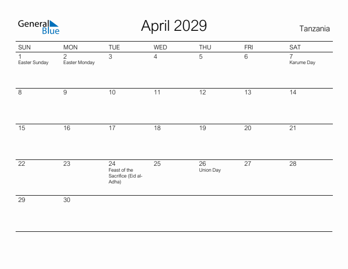 Printable April 2029 Calendar for Tanzania