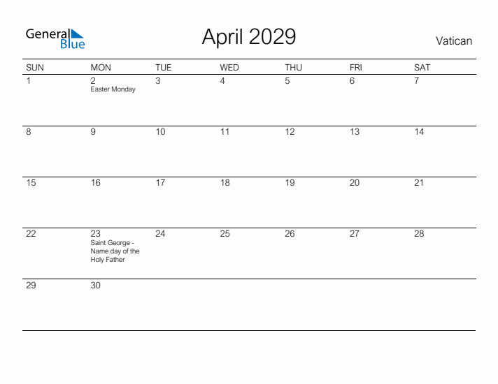 Printable April 2029 Calendar for Vatican