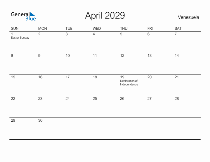 Printable April 2029 Calendar for Venezuela