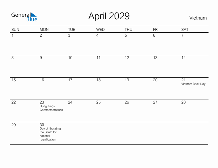 Printable April 2029 Calendar for Vietnam