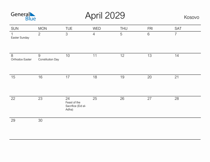 Printable April 2029 Calendar for Kosovo