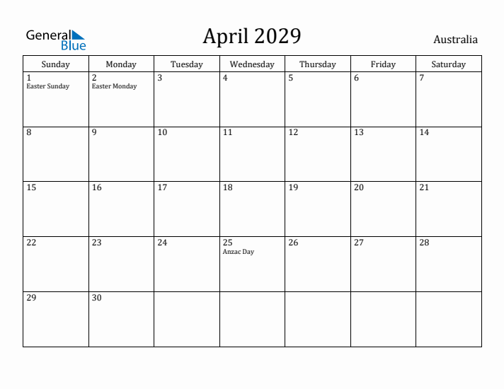 April 2029 Calendar Australia