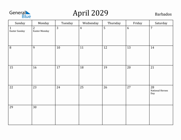 April 2029 Calendar Barbados