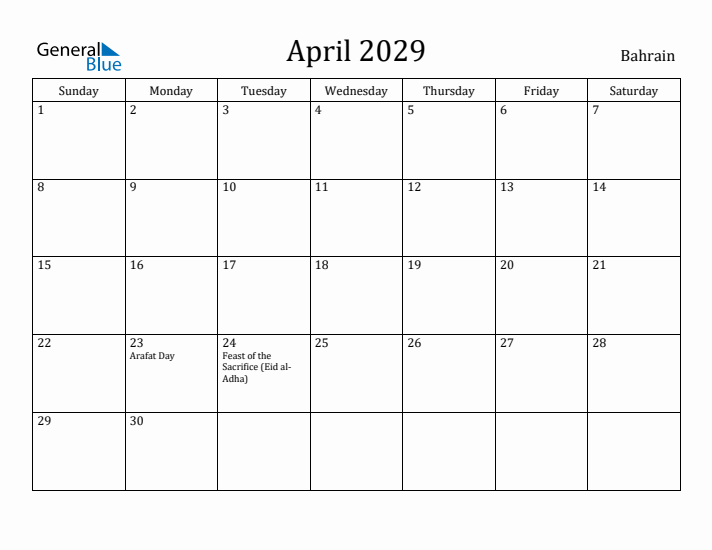 April 2029 Calendar Bahrain