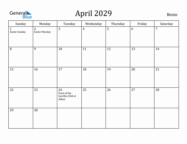 April 2029 Calendar Benin