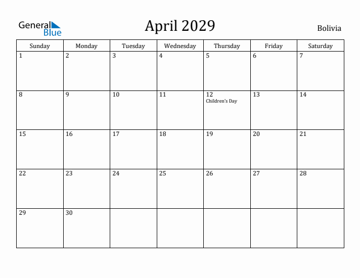 April 2029 Calendar Bolivia