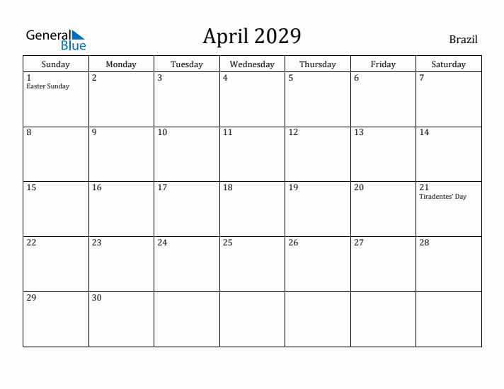 April 2029 Calendar Brazil