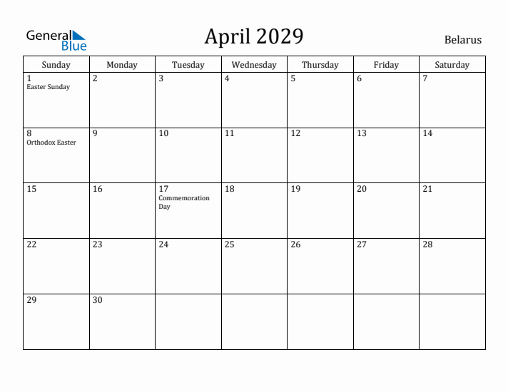 April 2029 Calendar Belarus