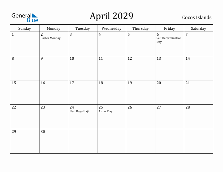 April 2029 Calendar Cocos Islands