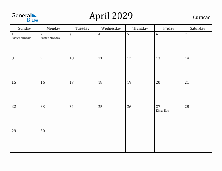 April 2029 Calendar Curacao