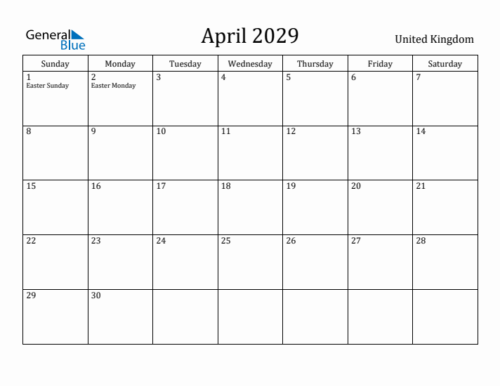 April 2029 Calendar United Kingdom