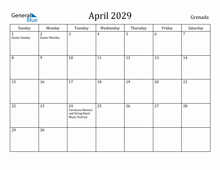 April 2029 Calendar Grenada