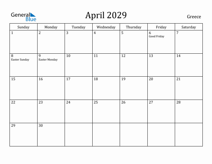 April 2029 Calendar Greece