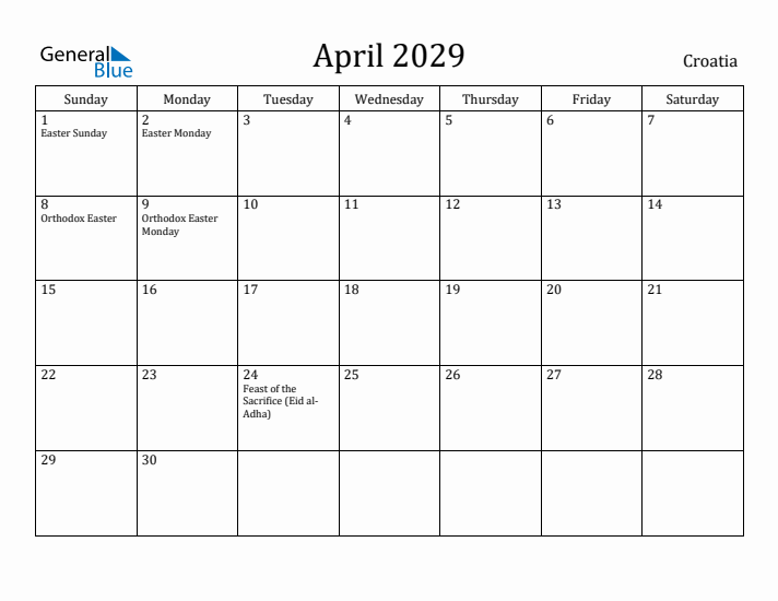 April 2029 Calendar Croatia