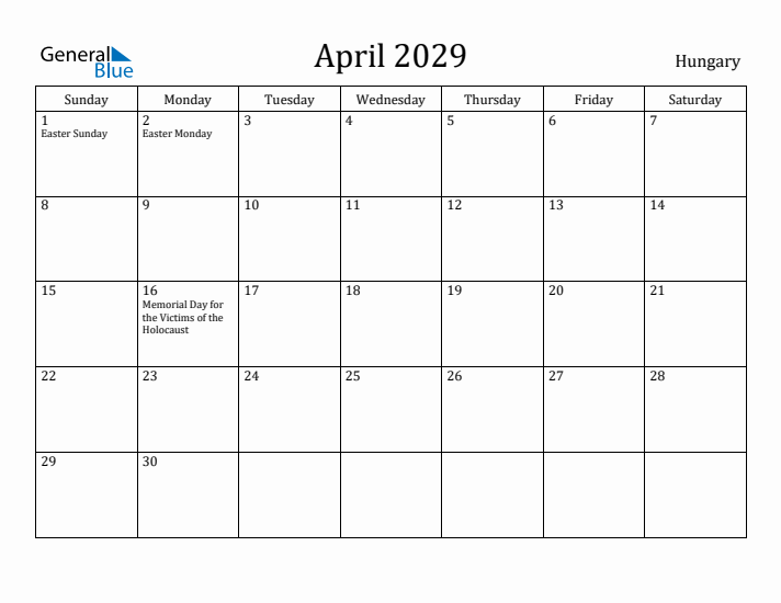 April 2029 Calendar Hungary