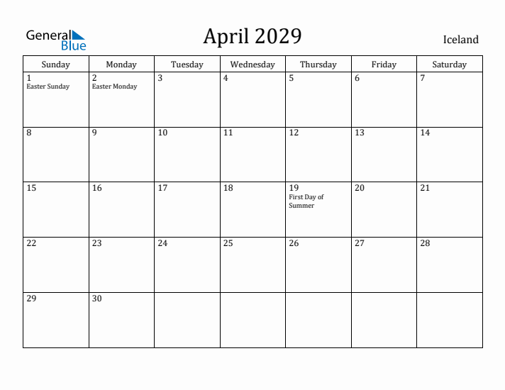 April 2029 Calendar Iceland