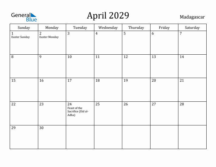 April 2029 Calendar Madagascar