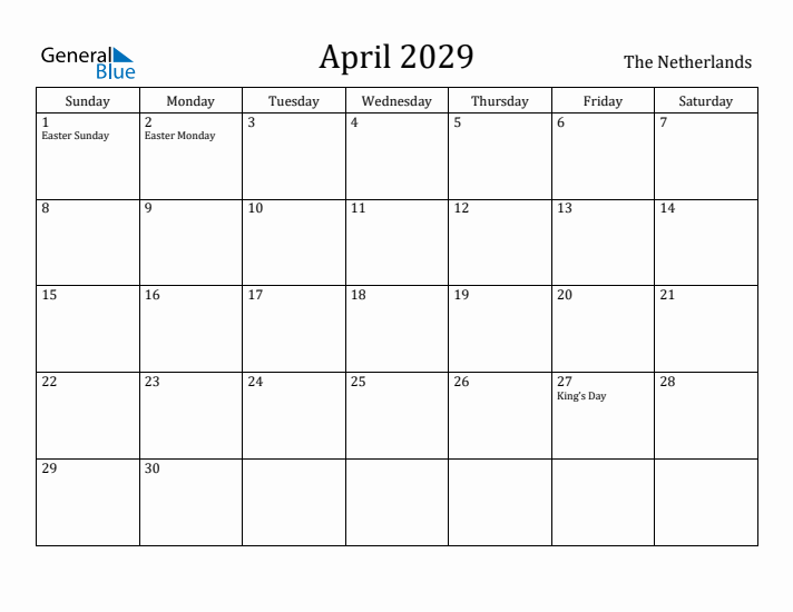 April 2029 Calendar The Netherlands