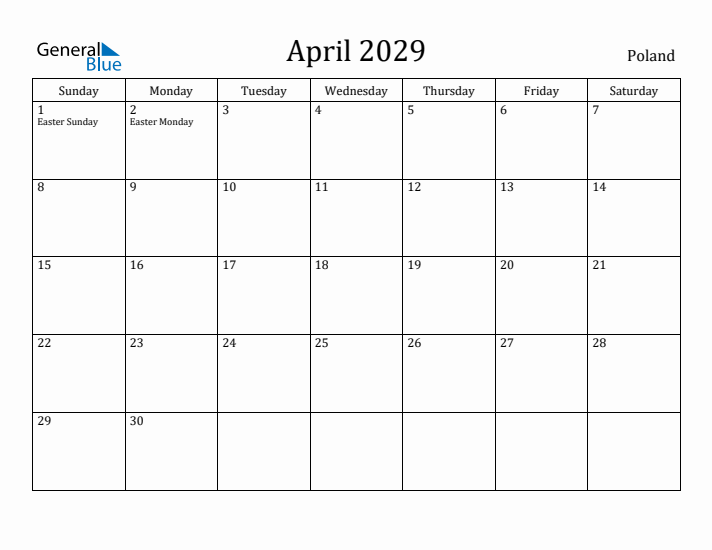 April 2029 Calendar Poland