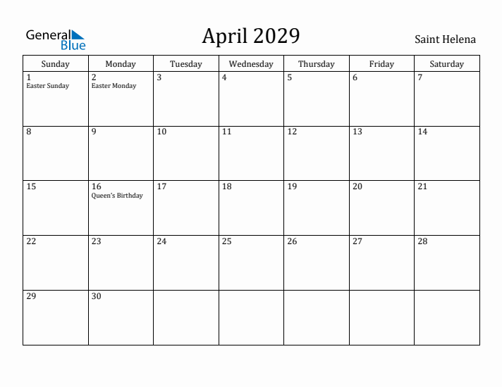 April 2029 Calendar Saint Helena