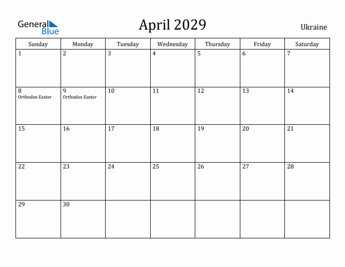 April 2029 Calendar Ukraine